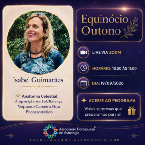 O que acontece ao corpo quando a alma não sabe dizer "não"? Neste Equinócio, o Sol em Balança (harmonia) e Neptuno em Carneiro (o guerreiro sensível) desafiam a nossa saúde.

Nesta palestra, vamos decifrar como esta oposição se traduz em sintomas reais — como a fadiga crónica, quebras na imunidade e dores renais ou lombares provocadas pelo medo do conflito. Descobre como identificar este eixo no teu mapa natal e aprende estratégias práticas de suplementação para resgatar a tua vitalidade física e espiritual.